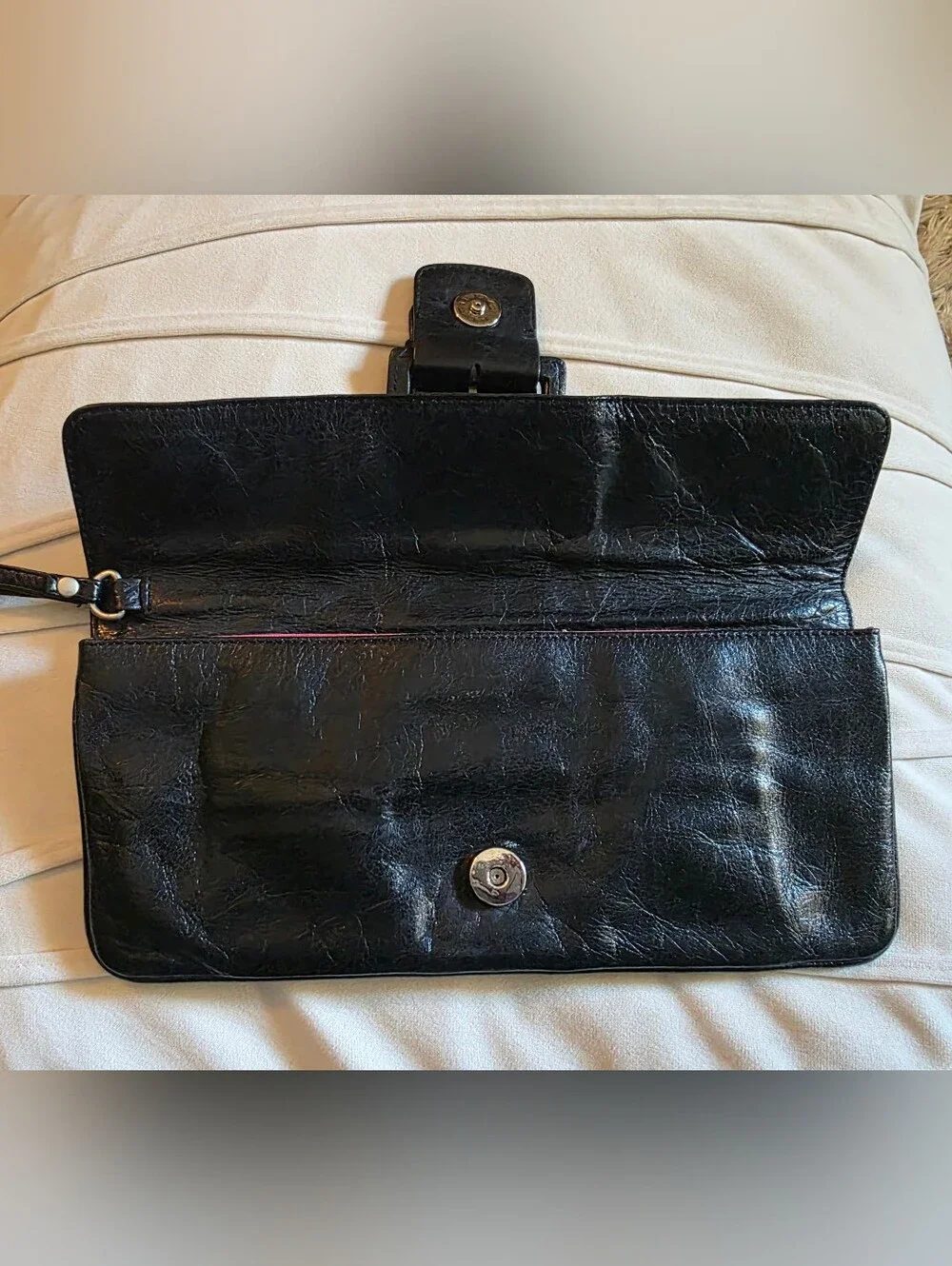 Vintage Hobo International Black Leather Clutch Wristlet Bag with Buckle